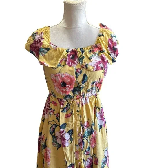 Floral Yellow Off-Shoulder Maxi Dress Ruffled Neckline Button Front Tassel - Picture 4 of 10